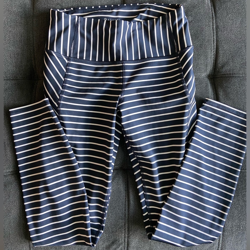 Athleta Navy and White Striped Leggings with Zipper Pockets - Size XS